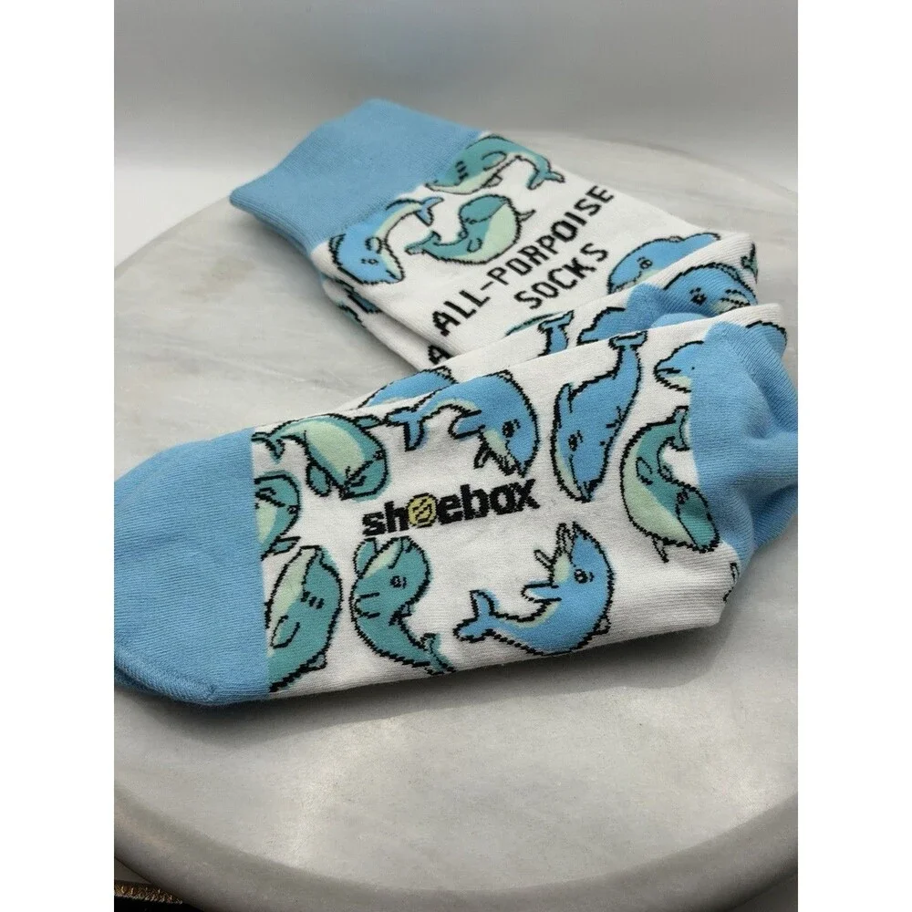 Shoebox All-Porpoise Socks Dolphin Novelty Crew Socks Blue White Funny Gift